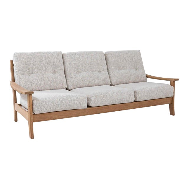 Mid-Century French Oak and Boucle Sofa For Sale