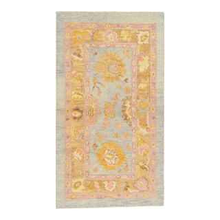 Blue & Pink Handwoven Turkish Oushak Rug 2'10" X 5' For Sale