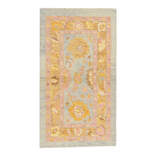 Blue & Pink Handwoven Turkish Oushak Rug 2'10" X 5' For Sale