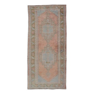 Vintage Turkish Oushak Gallery With Tribal Medallions in Soft Peach and Green For Sale