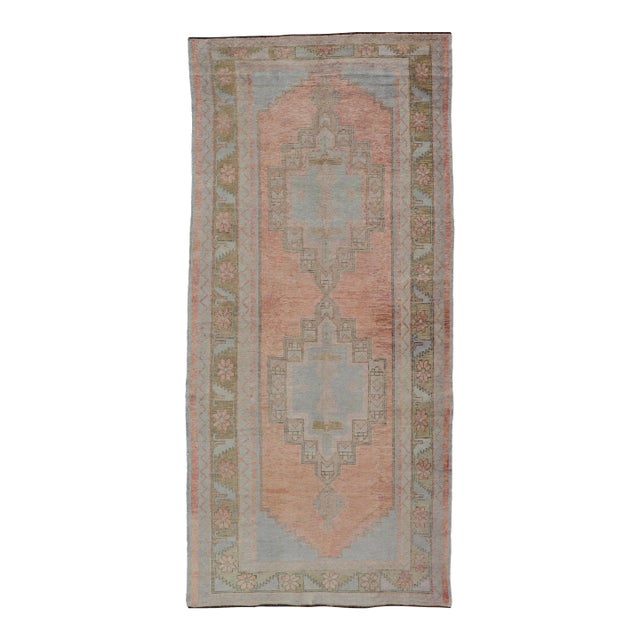 Vintage Turkish Oushak Gallery With Tribal Medallions in Soft Peach and Green For Sale