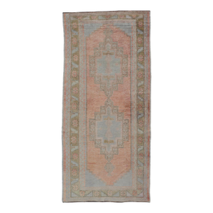 Vintage Turkish Oushak Gallery With Tribal Medallions in Soft Peach and Green