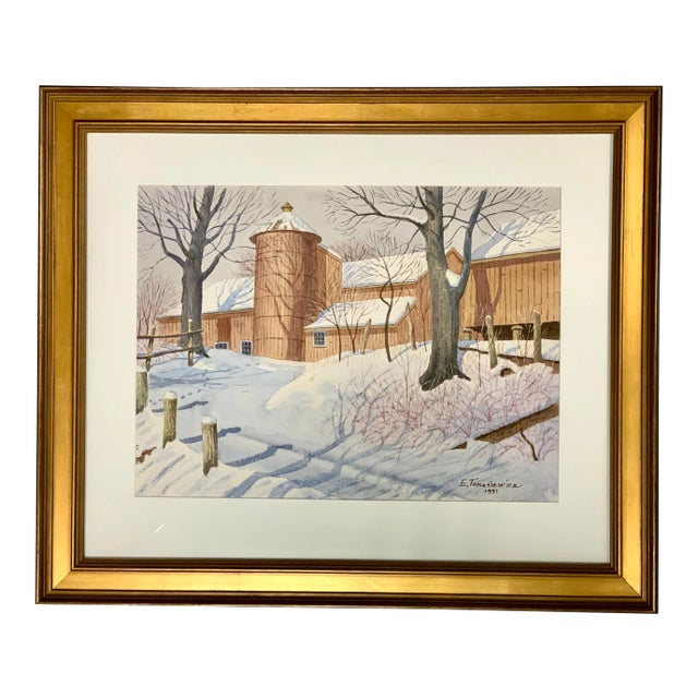 Watercolor Painting of New England Barn in Winter For Sale
