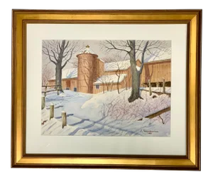 Watercolor Painting of New England Barn in Winter