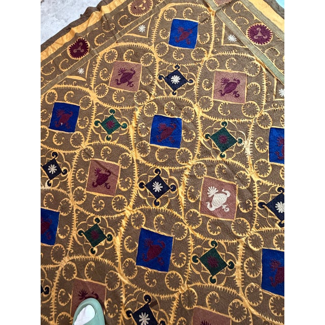 Gold Lattice Cotton Suzani With Blue Diamond Motifs For Sale - Image 9 of 10