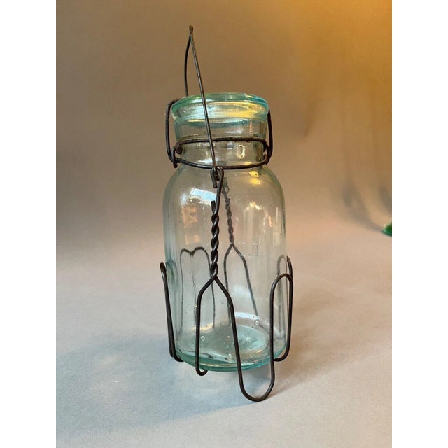 Aqua Antique Putnam 284 Lightning Aqua Blue Mason Jar in Wire Cage Carry Basket For Sale - Image 8 of 10