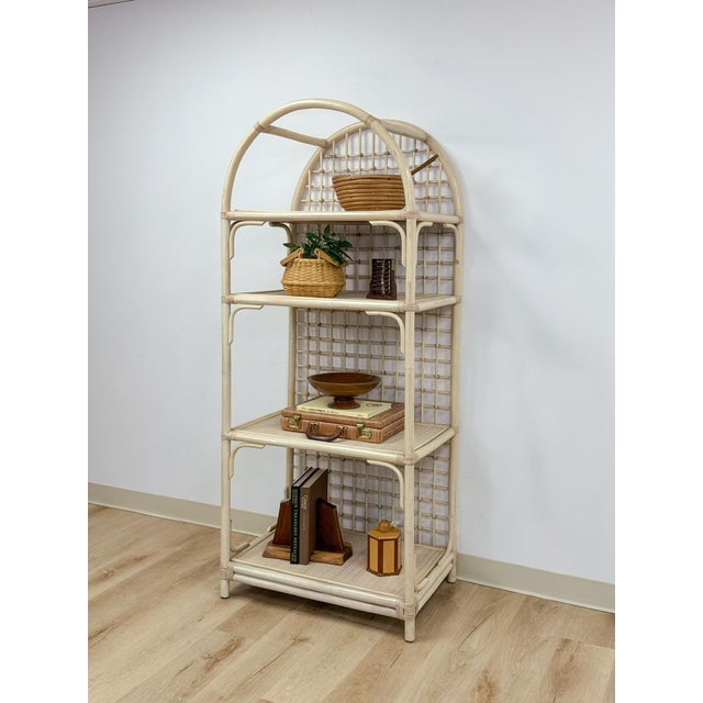 Beige Vintage Arched Blonde Rattan Lattice Etagere Coastal Boho Hollywood Regency For Sale - Image 8 of 16