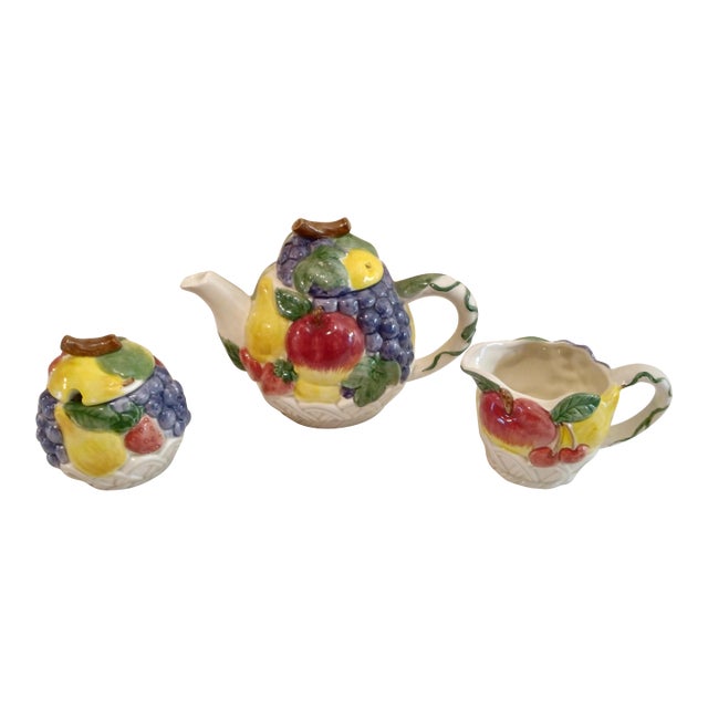 Vintage 1970's Otagiri Japan Hand Painted Fruit Basket Tea Set - Set of 3 For Sale
