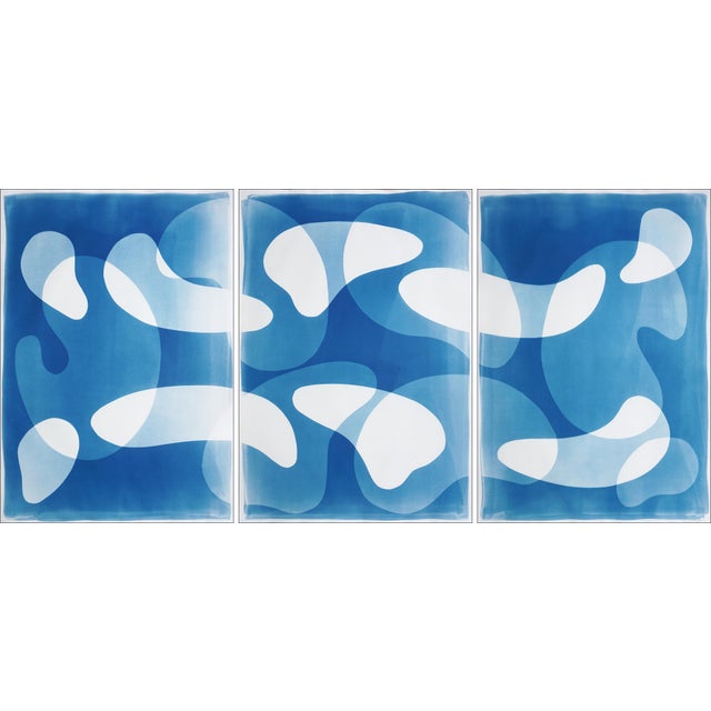 2025, Abstract Modern Shapes, Large Triptych in Blue Tones, Blue Floating Mobile, Unique Cyanotype Monotype on Watercolor Paper For Sale