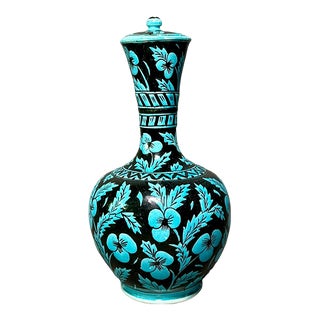 Vintage Hand-Painted Teal & Black Floral Vase With Lid For Sale