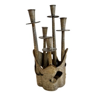 1970s Italian Brutalist Gilded Pewter 5-Arm Candelabra – Prof. Ceccherini For Sale