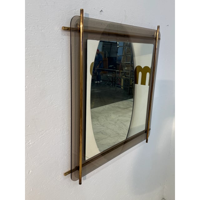 1970s Mid-Century Modern Brass & Smoked Glass Wall Mirror 1970s For Sale - Image 5 of 7