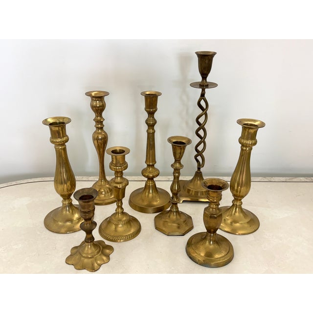 Metal Mid 20th Century Assorted Brass Candlestick Holders, Set of 9 For Sale - Image 7 of 7