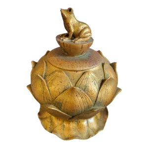 Vintage Painted Gold Leaf Lotus Flower Frog Cache Pot