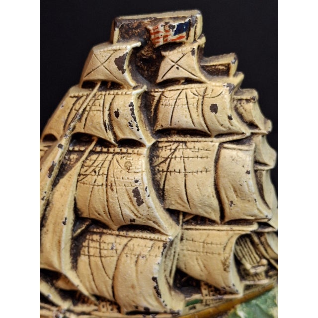 American Antique Judd Co Cjo 1286 Cast Iron Sailing Ship Doorstop American Flag Painted For Sale - Image 3 of 12