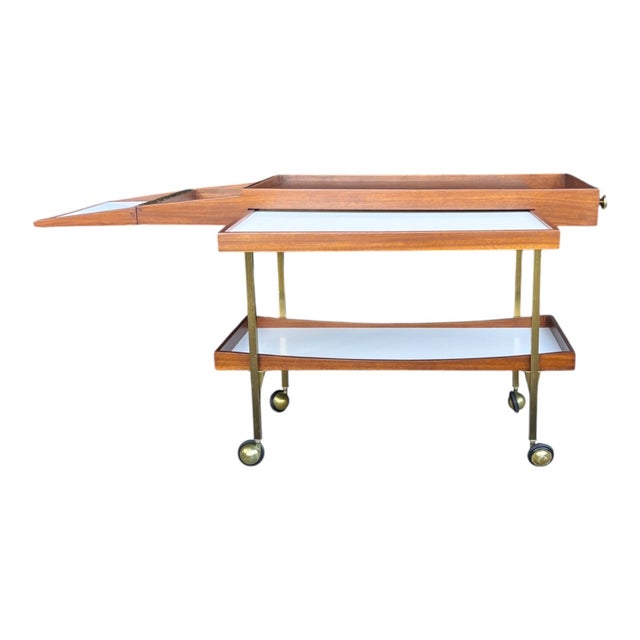 Paul McCobb Style Mid-Century Walnut Bar Cart With Brass Accents For Sale - Image 9 of 14