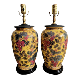 Vintage Gold Inlay Berry Leaf Yellow Pink Chinoiserie Regency Table Lamps- A Pair