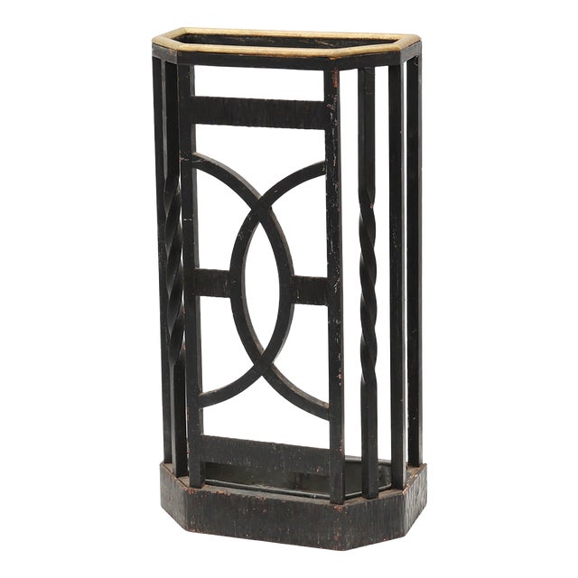 Art Deco Metal Umbrella Stand with Geometric Openwork and Brass Rim, Belgium, 1920s For Sale