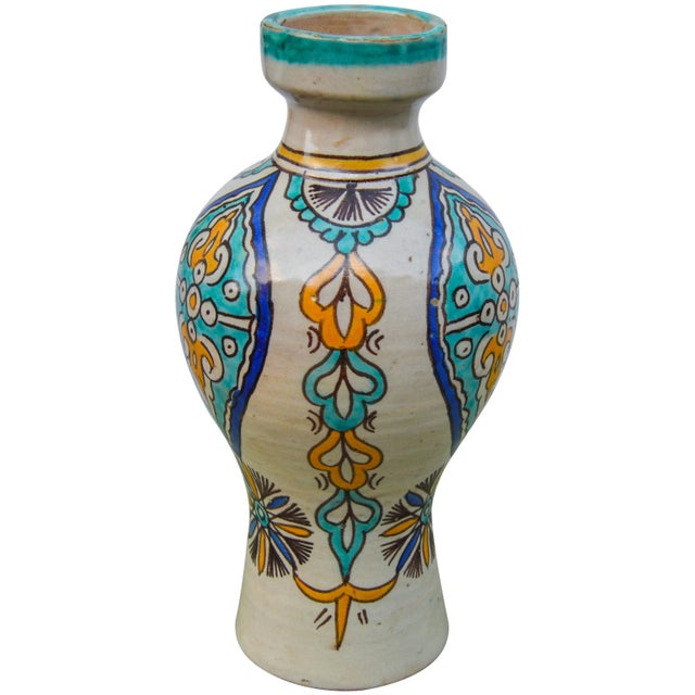 Antique handcrafted Moroccan polychrome ceramic vase featuring an elaborate hand-painted Moorish pattern.