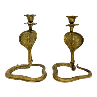 20th Century Vintage Brass Cobra Snake Candle Holders- a Pair For Sale