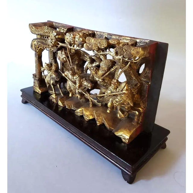 Antique Chinese Qing Dynasty Giltwood Carved Warrior Battle Scene on Stand For Sale - Image 4 of 8