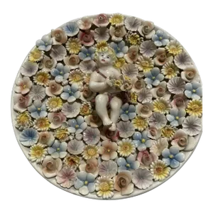 1920's Antique Italian "Ardalt" Dresden Rococo Baroque Style Applied Flower W/ Cherub Display Plates a - Pair