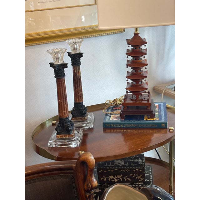 Maroon French Antique Pair of Column Marble & Glass Candlesticks/Candleholders For Sale - Image 8 of 13