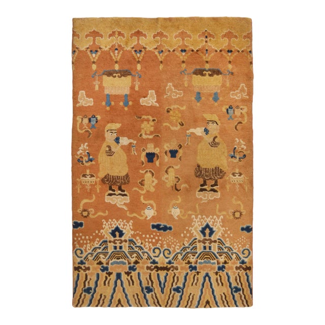 Antique Peking Rug in Beige-Brown and Blue Pictorial Pattern For Sale