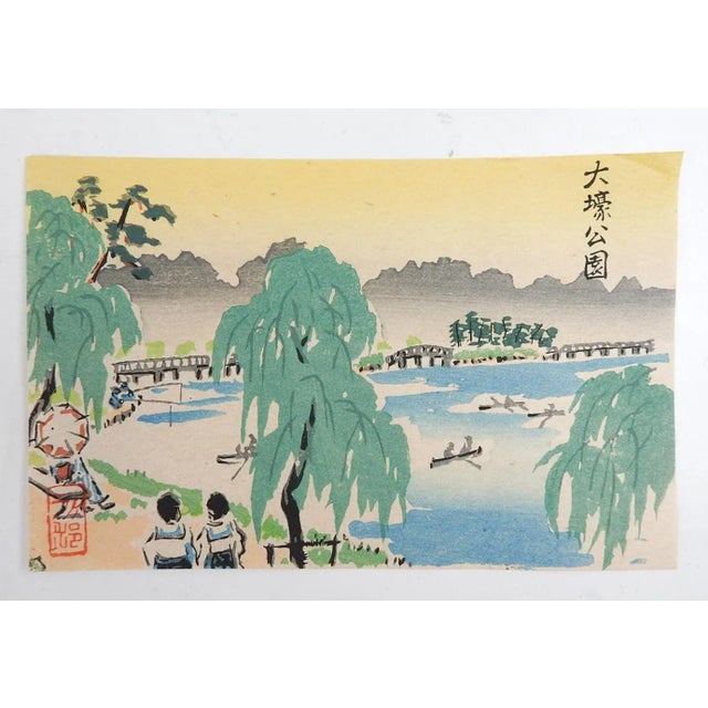 Traditional Small Vintage Japanese Lakeside Landscape Woodblock Print For Sale - Image 3 of 3