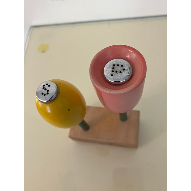 Wood Rare Danish Mid Century Handmade Carved Tulip Flower Salt & Pepper Set on Burlwood Stand For Sale - Image 7 of 11