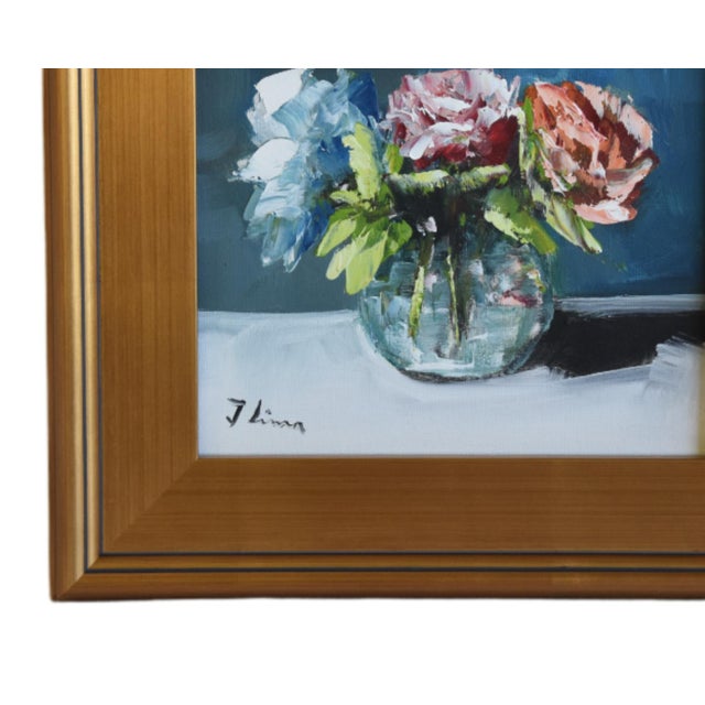 Impressionist abstract bouquet of colorful flowers in a vase oil painting on stretched artist canvas. The talented artist...