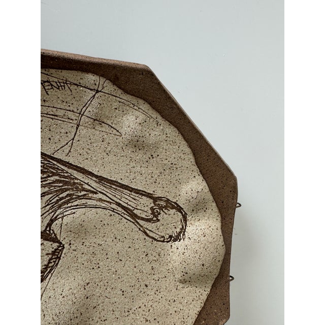 Mid-Century Modern 80's Vintage Janel Hand Painted Pelican Artist Pottery Wall Art For Sale - Image 3 of 9