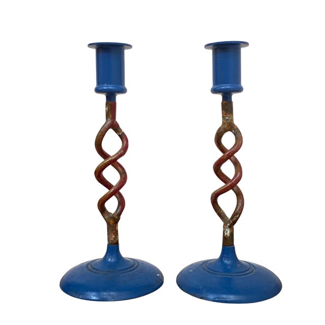 Modern Regency Blue and Gilt Brass Candlesticks, 1950s, Set of 2 For Sale - Image 12 of 12