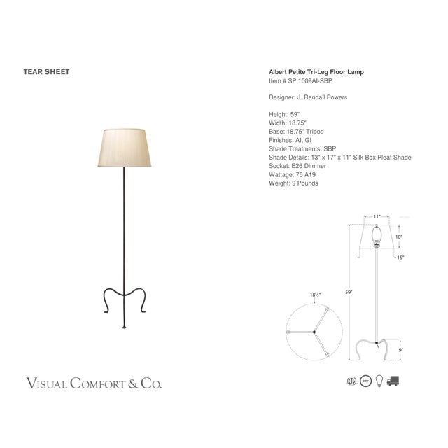 J. Randall Powers by Visual Comfort Signature Albert Petite Tri-Leg Floor Lamp in Aged Iron with Silk Box Pleat Shade...