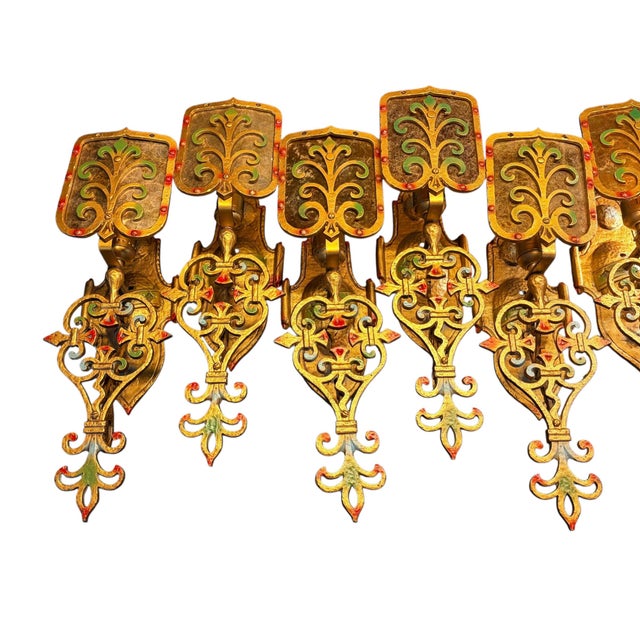 Spanish Revival 1920s Spanish Revival Wall Sconces With Mica Shields and Original Polychrome Finish - Set of 8 For Sale - Image 3 of 8