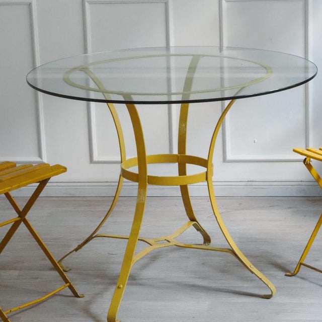 French Iron and Glass Garden Table with Folding Chairs, 1960, Set of 3 For Sale - Image 6 of 18