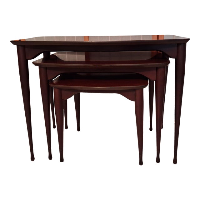 Vintage Mid Century Modern Nesting Tables Set of Three Mahogany With Mahogany Laminate Tops. For Sale