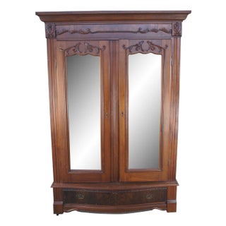 Antique Victorian Walnut Mirrored Clothing Armoire Wardrobe Closet Cabinet 87" For Sale