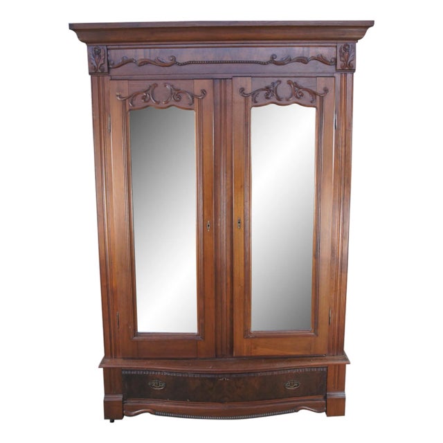 Antique Victorian Walnut Mirrored Clothing Armoire Wardrobe Closet Cabinet 87" For Sale