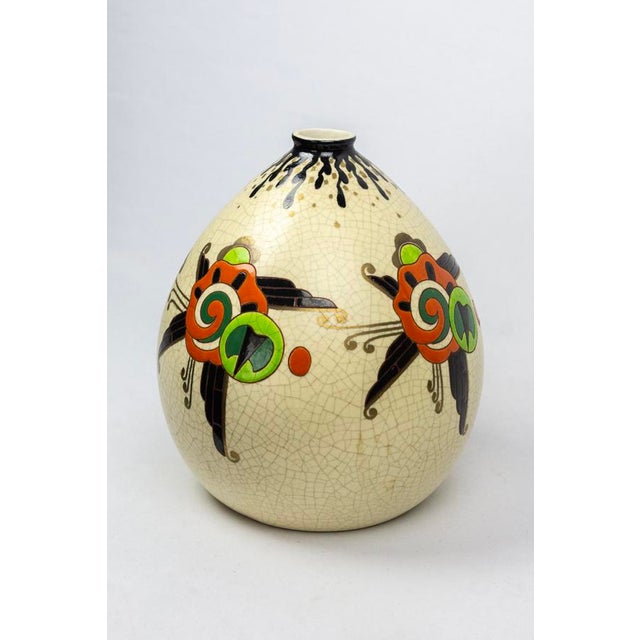Black Art Deco Vase in Crackle-Glazed Ceramic with J. Martinache Decoration from Orchies Factory, France, 1930s For Sale - Image 8 of 16