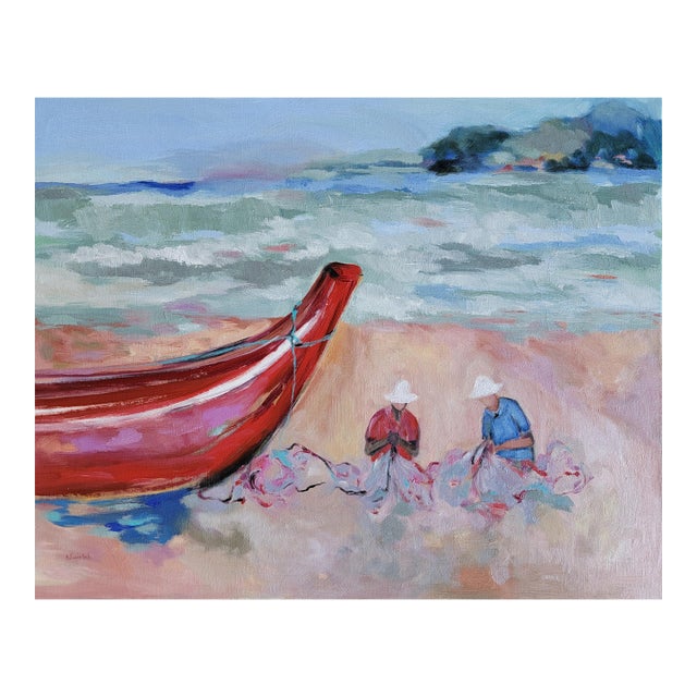 Net Menders, Contemporary Coastal Seaside Oil Painting For Sale