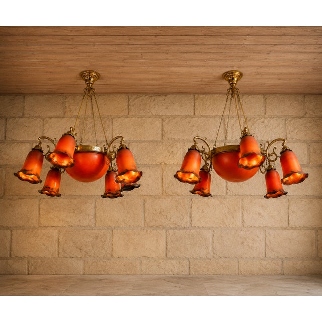 Art Nouveau Chandeliers in Bronze and Orange Glass Paste, 1950s, Set of 2 For Sale - Image 9 of 9
