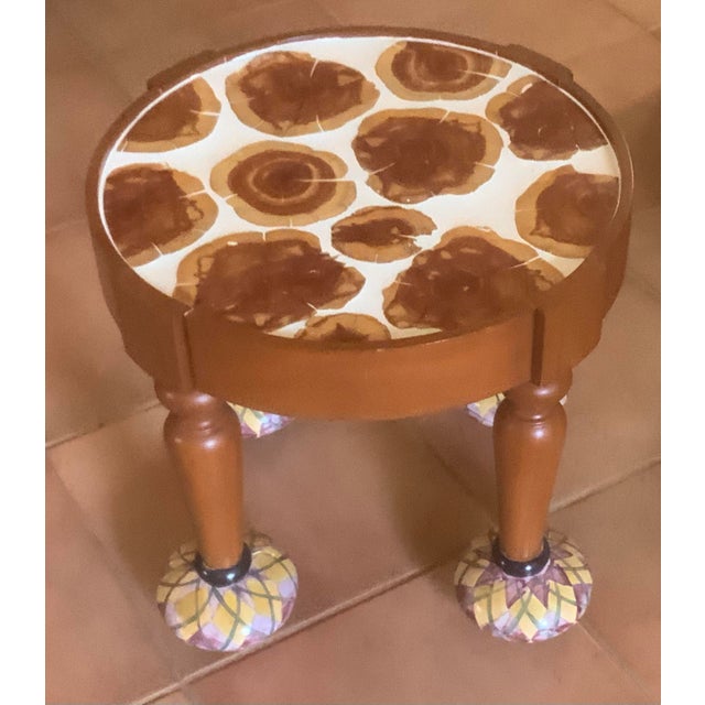 Enamelware check and rattan; four hand painted ceramic feet with leather and brass accents; Eclectic style;