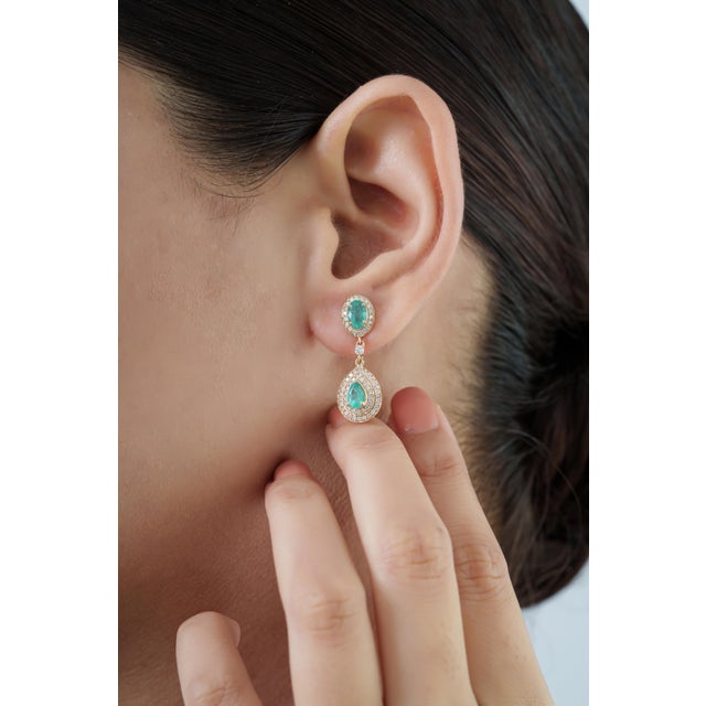 1.68ct Pear-Cut Emerald & Diamond Double Halo Drop Earrings in 14k Yellow Gold- 2 Pieces For Sale - Image 9 of 14