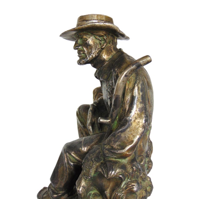 Metal Antique Resting Farmer Sculpture on Base 16.5"h X 8"w For Sale - Image 7 of 10
