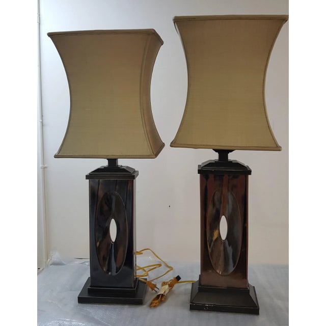 Maitland Smith lamps. One is 37" high and one is 38" high. Brown bases, the shades have a slight greenish taupe color....