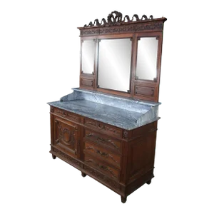 Antique French Neoclassical Oak Marble Mirrored Dresser Sideboard Buffet Server