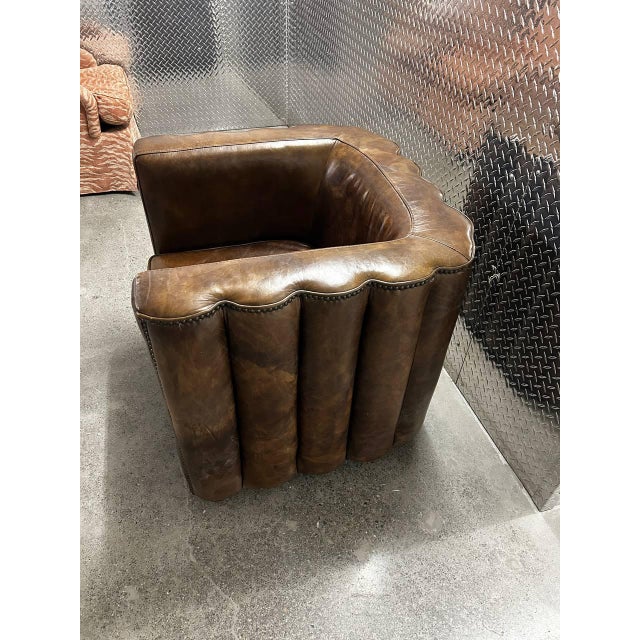 Brown Vintage Fluted Back Art Deco Style Brown Leather Armchairs - A Pair For Sale - Image 8 of 8