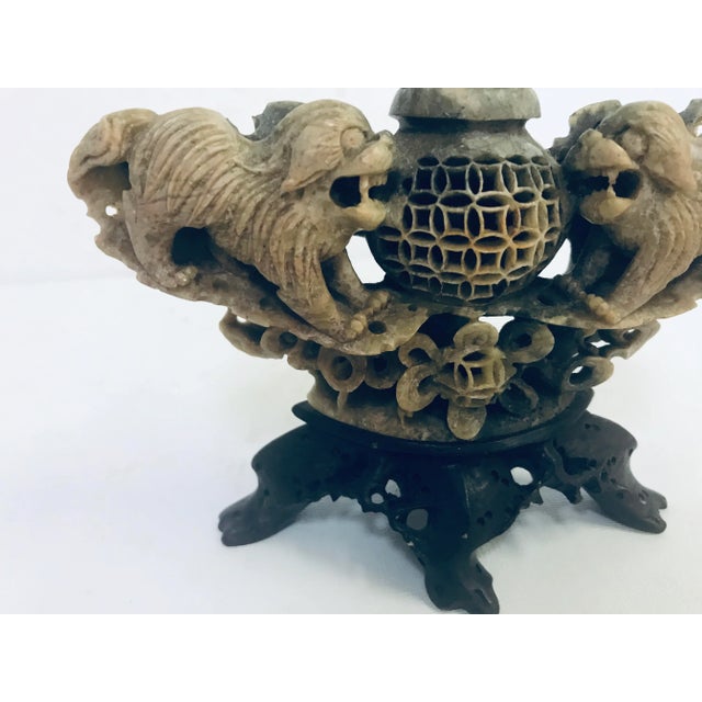 Vintage Carved Chinese Soapstone Incense Burner With Three Foo Dogs For Sale - Image 10 of 13