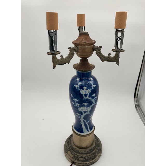 Antique Japanese Porcelain Table Lamp in Blue and White Cherry Blossom For Sale - Image 6 of 9
